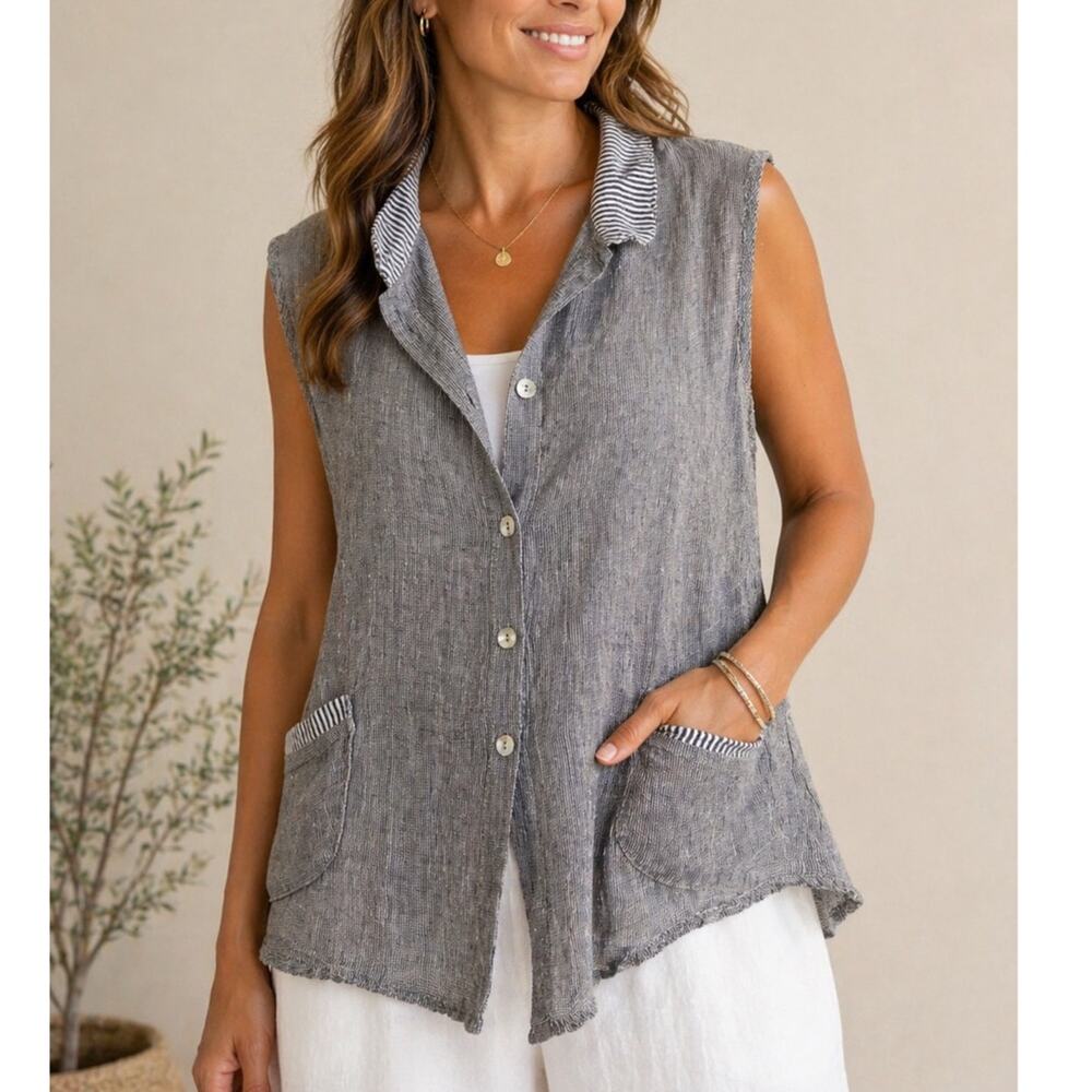 Fenini Gray Linen Sleeveless Lagenlook Top USA M